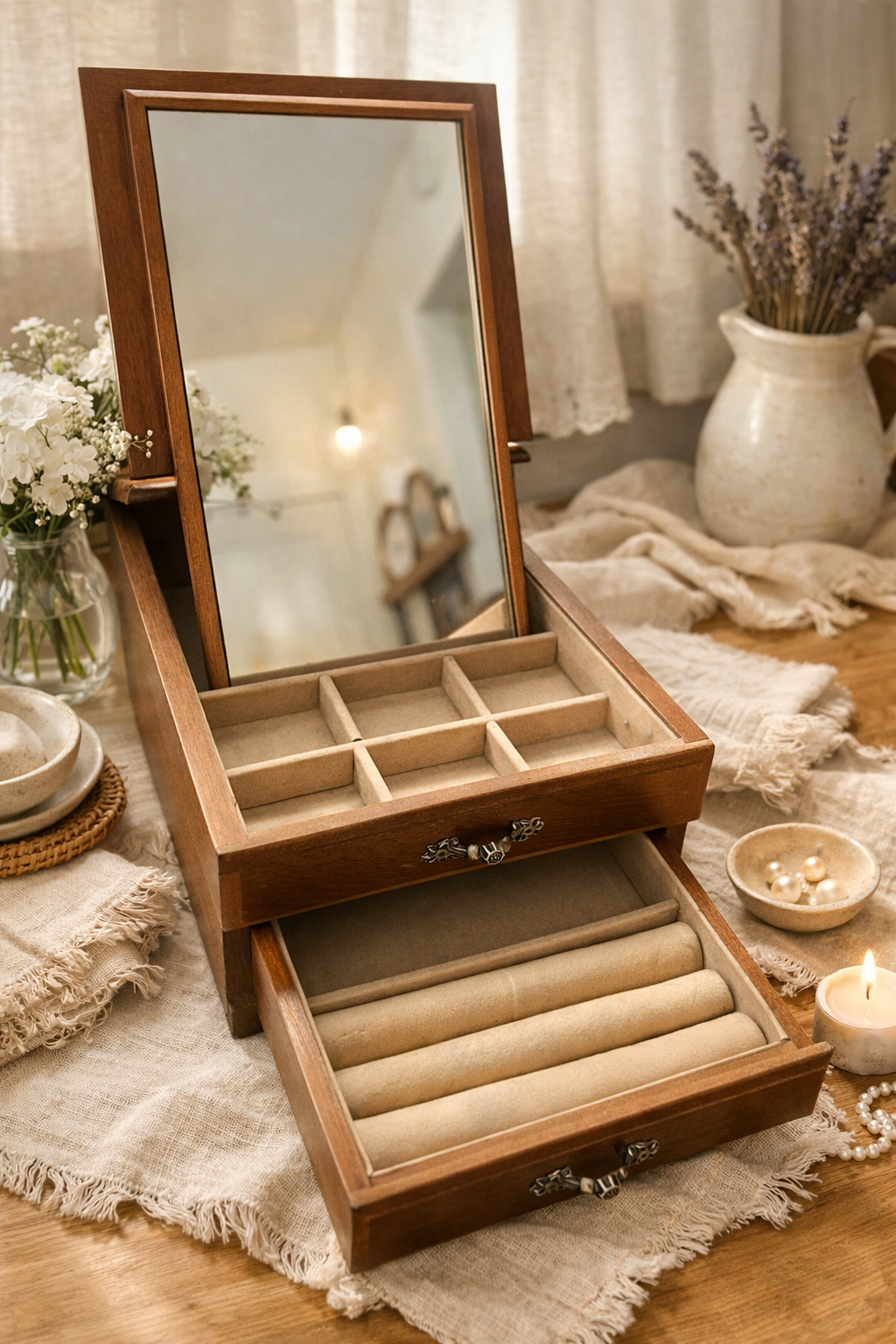Vintage Wooden Jewelry Box with Mirror