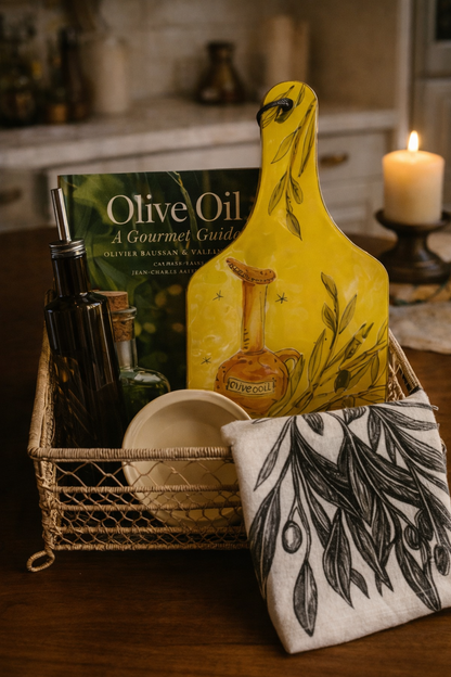 Curated Olive Oil Gourmet Gift Set – Cookbook, Ceramic Board, Dispenser Bottle, Dipping Dish & Towel | Mediterranean Kitchen Décor | Hostess