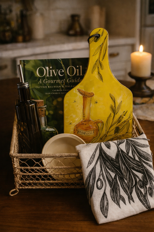 Curated Olive Oil Gourmet Gift Set – Cookbook, Ceramic Board, Dispenser Bottle, Dipping Dish & Towel | Mediterranean Kitchen Décor | Hostess
