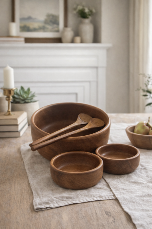 Vintage Teak Wood Salad Bowl Set with Servers – Mid Century Modern Wooden Serving Set
