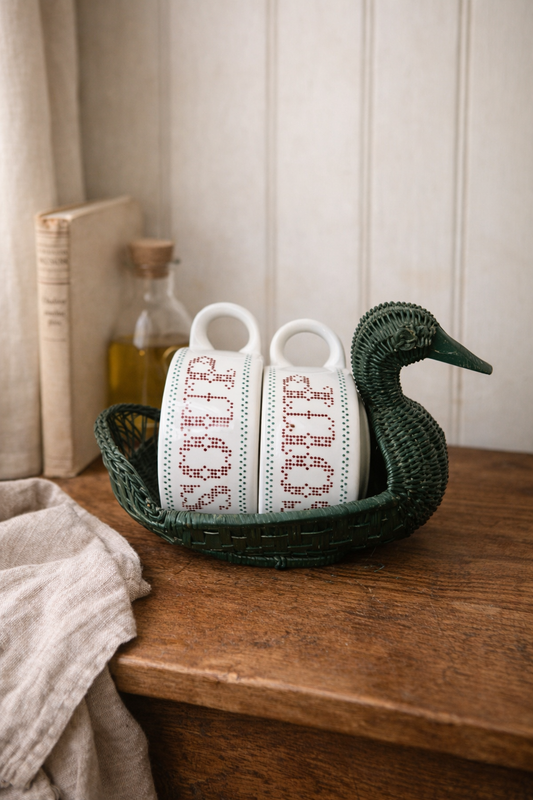 Vintage Green Wicker Duck Basket with Two Dot-Print “SOUP” Bowls