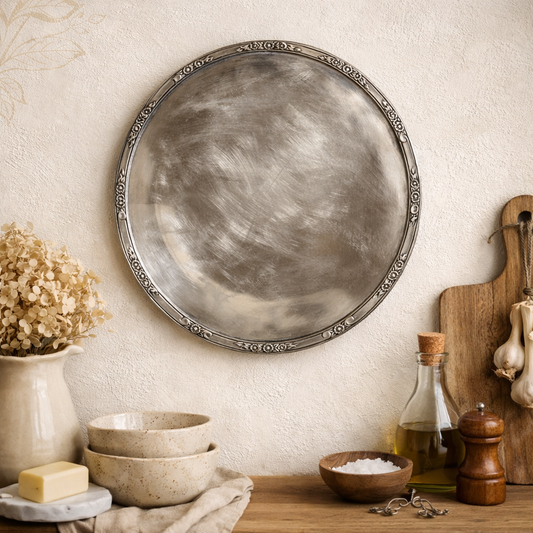 Vintage Silver-Plated Round Serving Tray with Floral Embossed Edge | Classic Entertaining & Home Decor