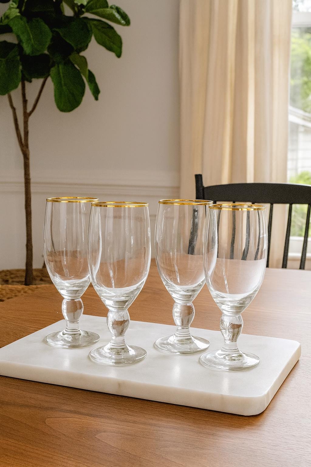 Set of 4 Vintage Goblets with Gold Rim and Pressed Sunburst Stem Detail