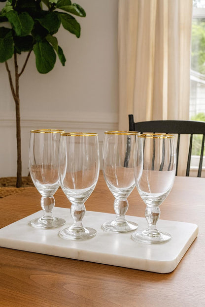 Set of 4 Vintage Goblets with Gold Rim and Pressed Sunburst Stem Detail