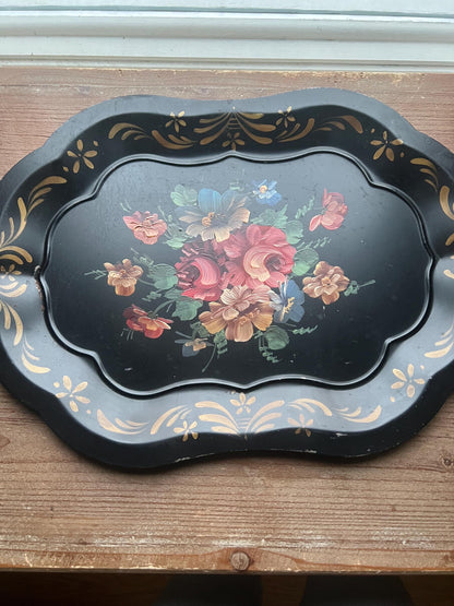 Vintage Black Tole Tray Set – Hand-Painted Floral & Bird