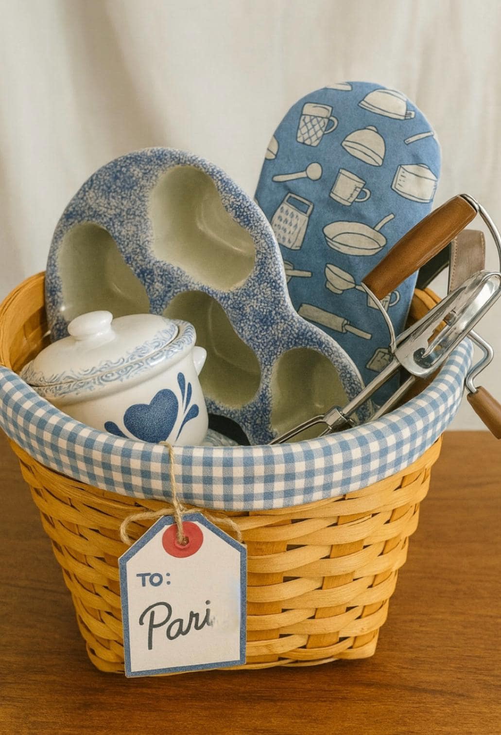 Vintage Blue Kitchen Baking Gift Set – Heart Mold, Crocks, Mixer & Basket