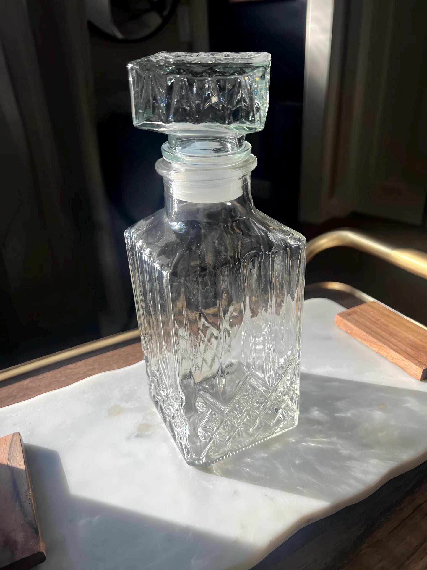 Vintage Glass Whiskey Decanter with Stopper – Cut Glass Liquor Bottle – Mid-Century Barware
