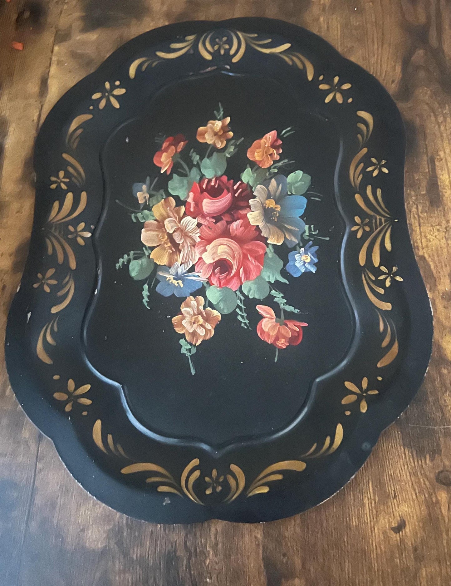Vintage Black Tole Tray Set – Hand-Painted Floral & Bird
