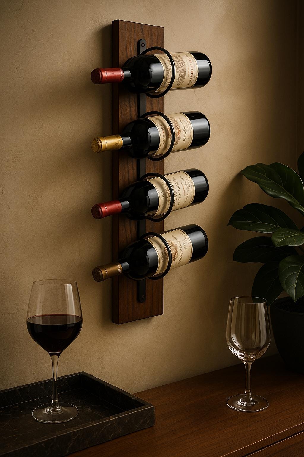 Rustic Wall-Mounted Wine Rack – Wood & Metal 4-Bottle Holder – Farmhouse Kitchen Bar Decor