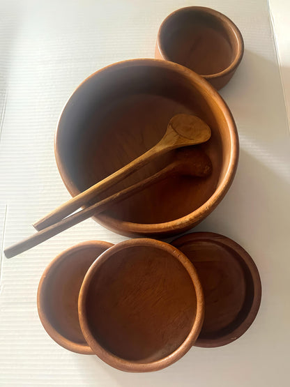 Vintage Teak Wood Salad Bowl Set with Servers – Mid Century Modern Wooden Serving Set
