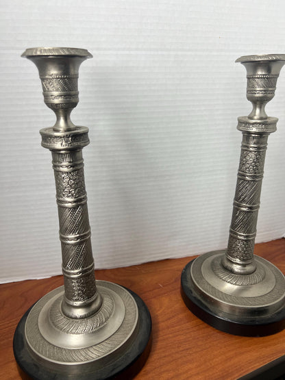 Vintage Etched Nickel-Plated Brass Candlestick Pair