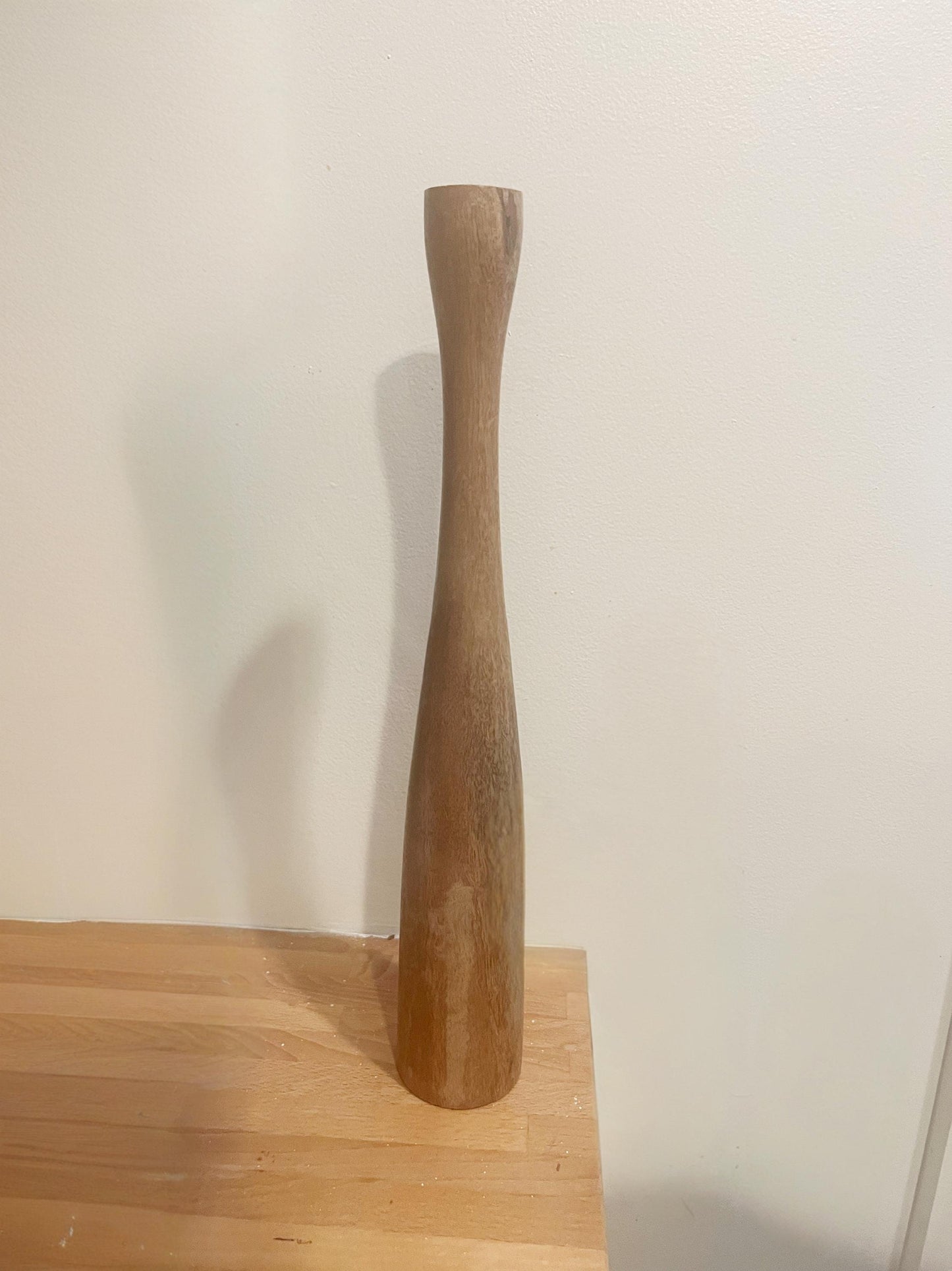 Mid-Century Modern Wood Candle Holder – Tall Tapered Teak Style Candlestick / Sculptural Wooden Vase