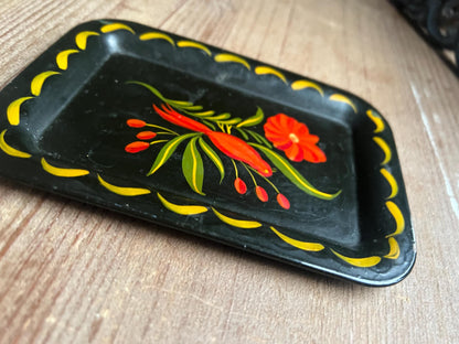 Vintage Black Tole Tray Set – Hand-Painted Floral & Bird
