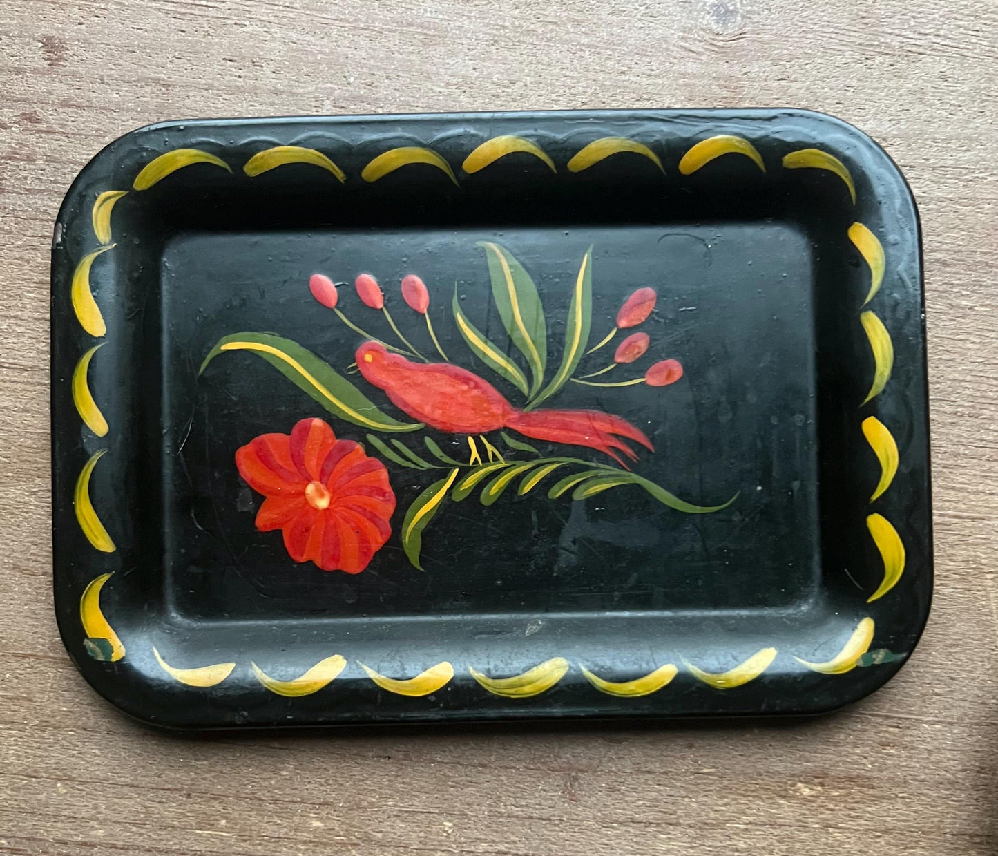 Vintage Black Tole Tray Set – Hand-Painted Floral & Bird
