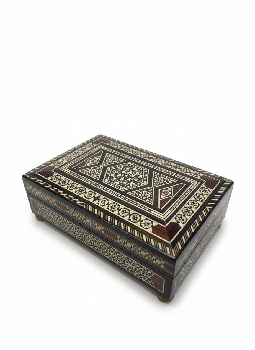 Vintage Syrian Marquetry-Mosaic Inlaid Wooden music Box.