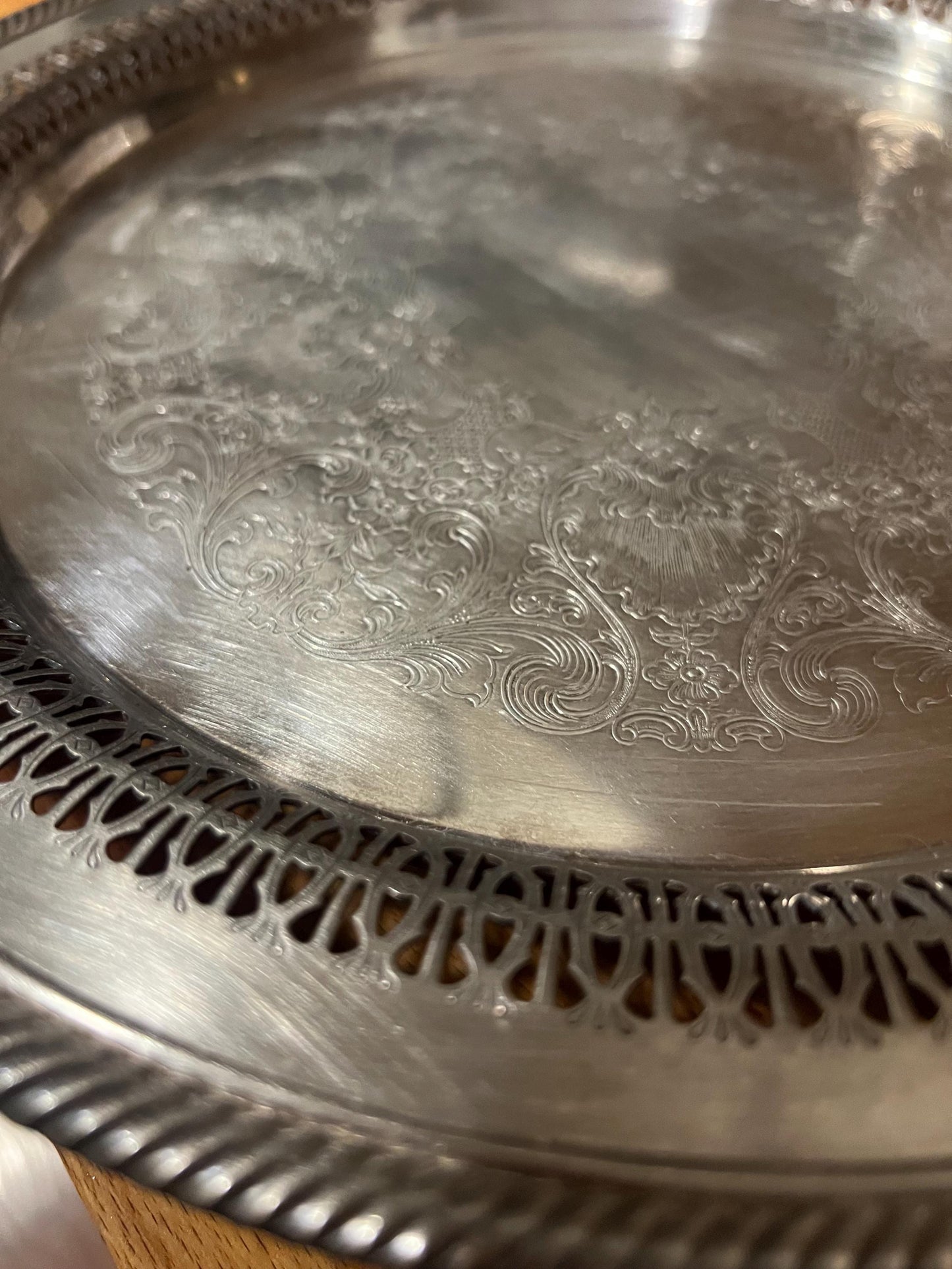 Vintage Silver-Plated Pierced Edge Serving Tray with Engraved Scroll Design