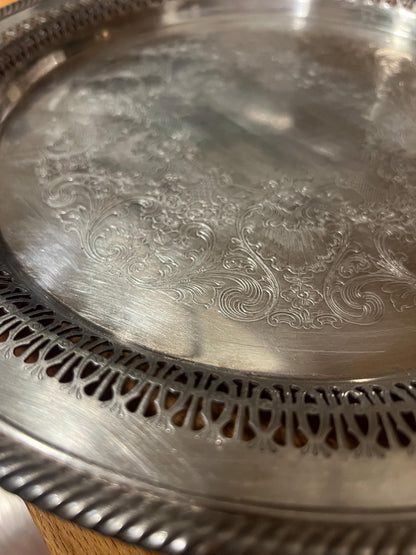 Vintage Silver-Plated Pierced Edge Serving Tray with Engraved Scroll Design