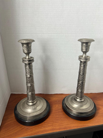Vintage Etched Nickel-Plated Brass Candlestick Pair
