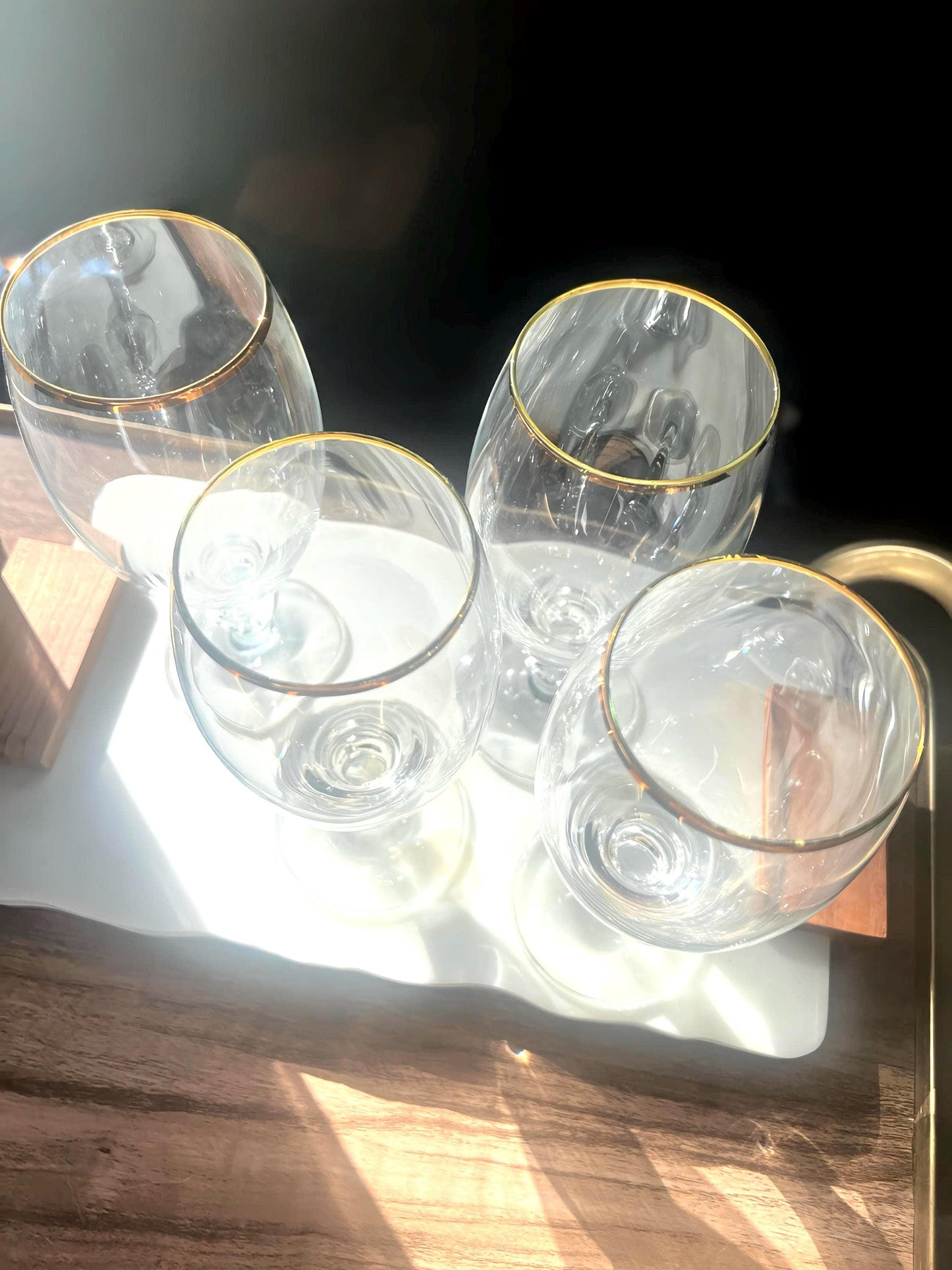 Set of 4 Vintage Goblets with Gold Rim and Pressed Sunburst Stem Detail