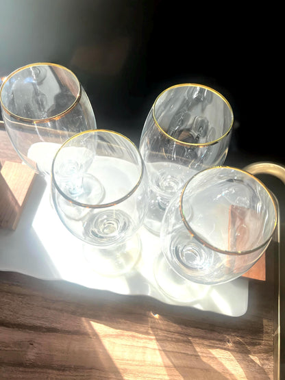 Set of 4 Vintage Goblets with Gold Rim and Pressed Sunburst Stem Detail