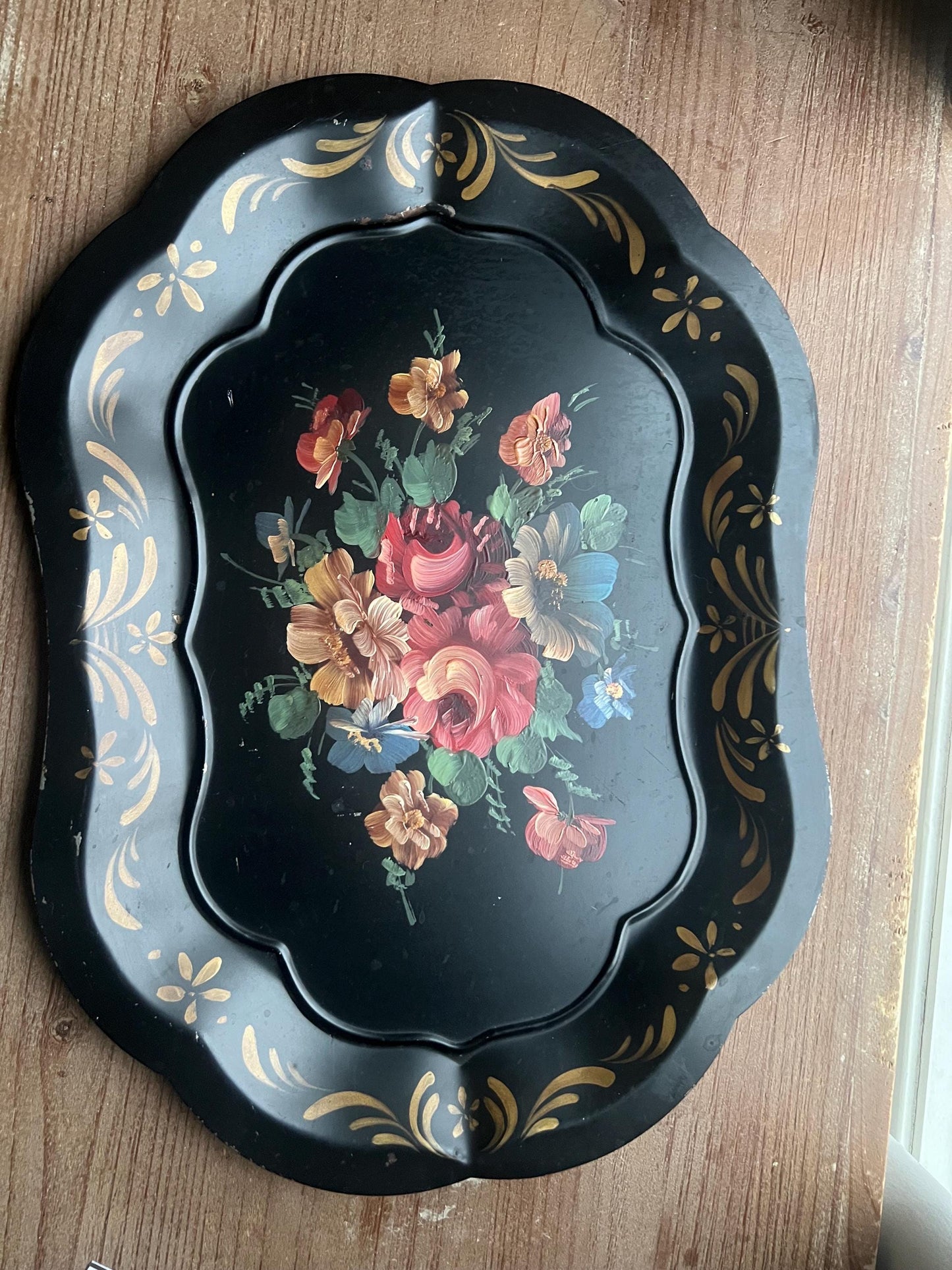 Vintage Black Tole Tray Set – Hand-Painted Floral & Bird