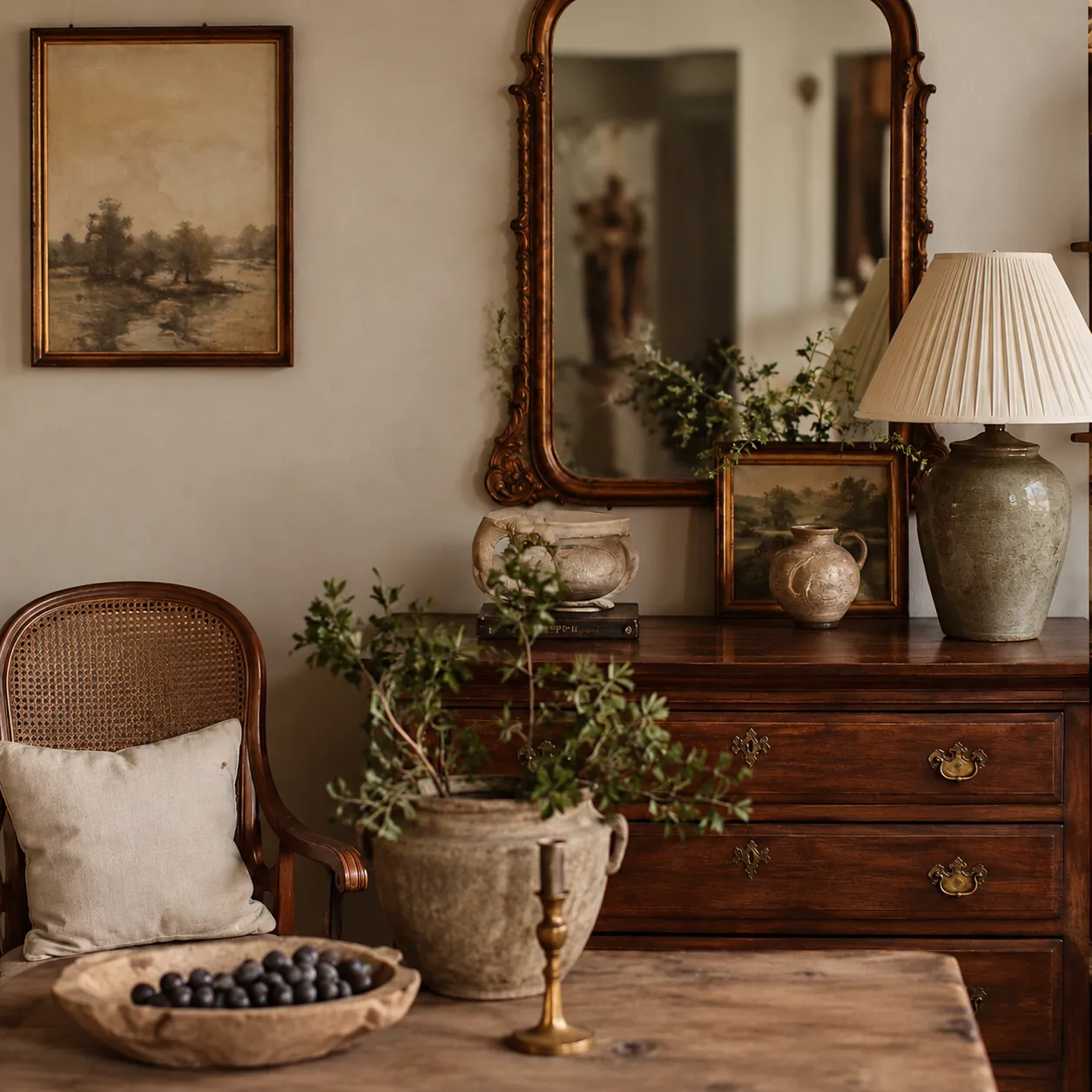 A collected vintage room: antique dresser, gilt mirror, landscape painting, pleated lamp and stoneware urn