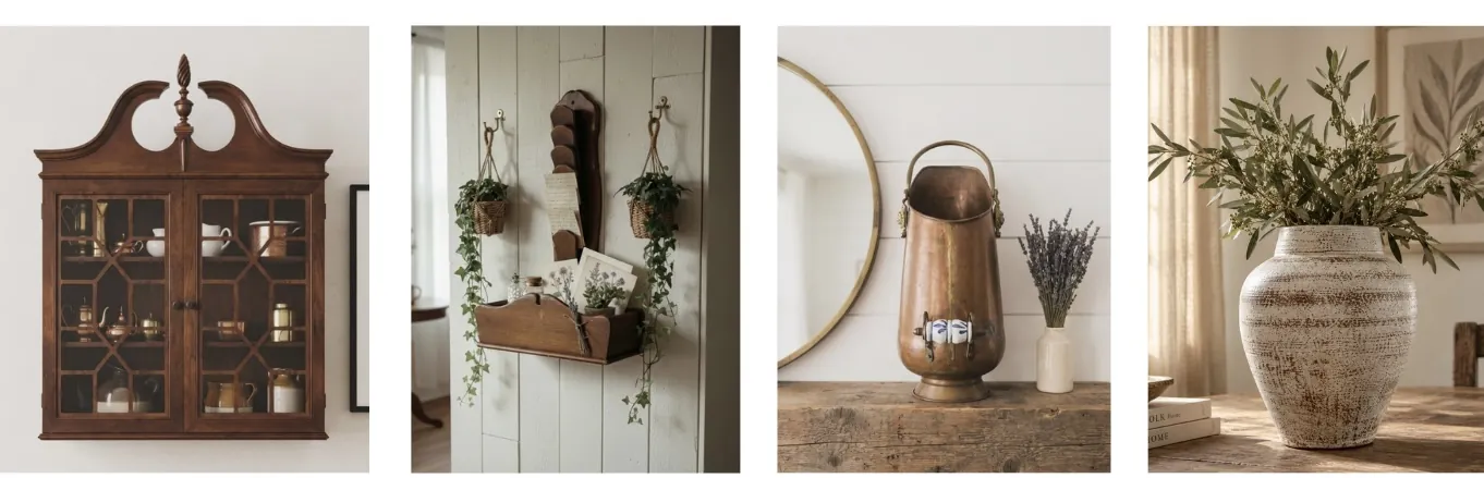 Four vintage vignettes: a carved curio cabinet, a hanging basket, a brass pitcher and a stoneware urn