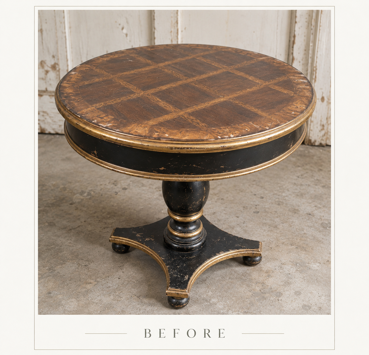 Round vintage pedestal table before restoration