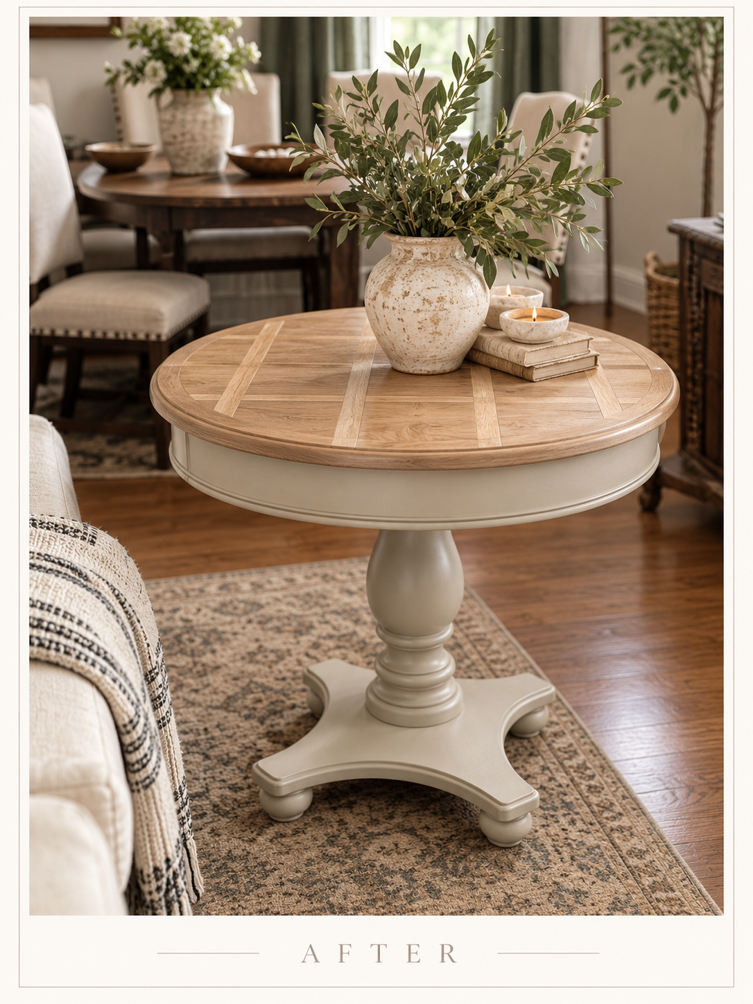 Round pedestal table after refinishing with a lighter wood-patterned top and cream-colored base