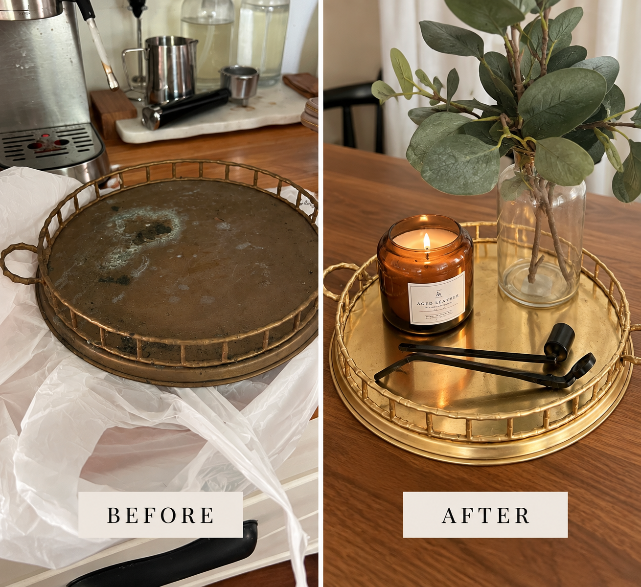 Before and after restoration of the first brass tray