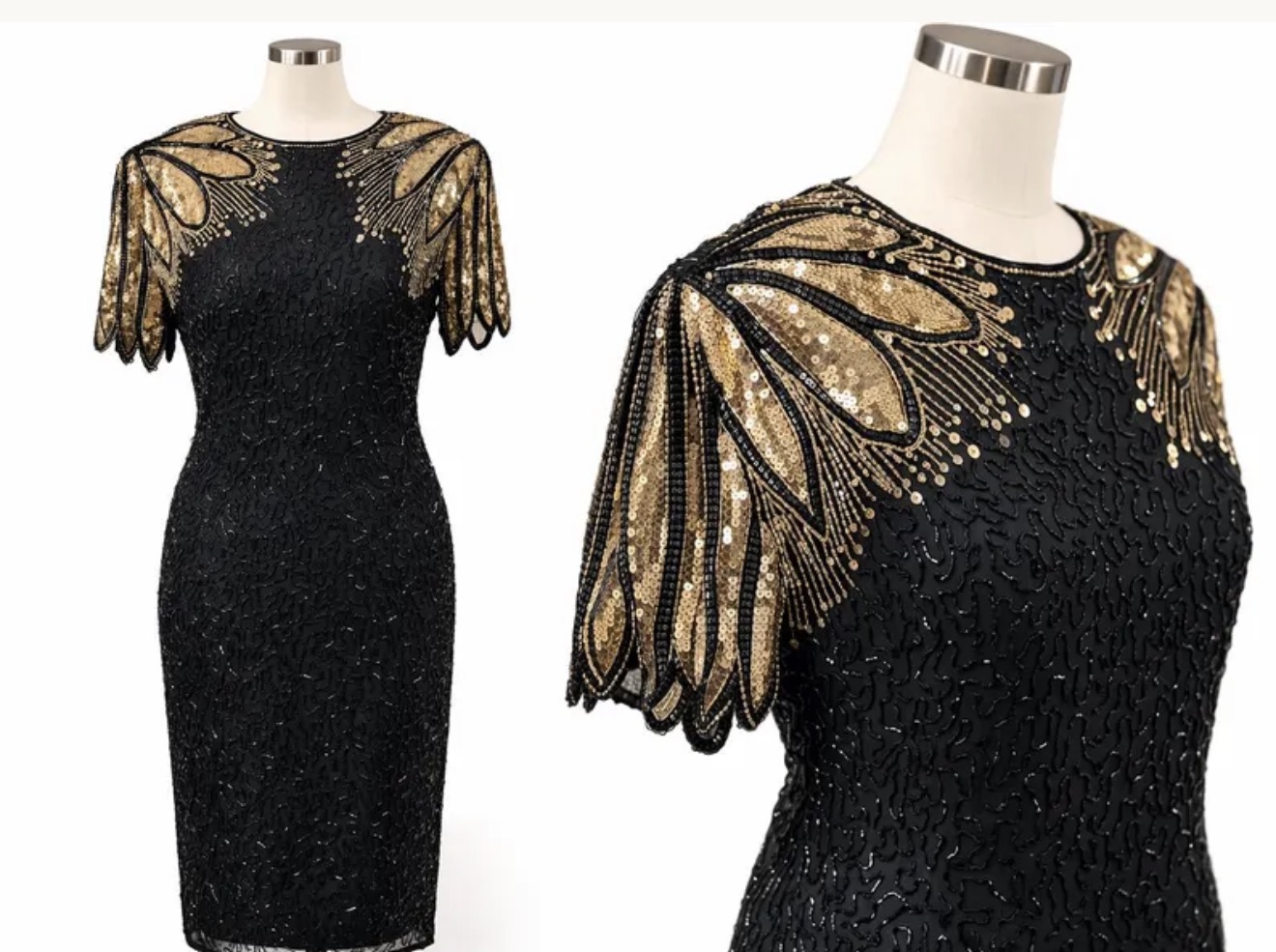 Black vintage-style dress with gold beadwork and decorative sleeves from Home by Pari
