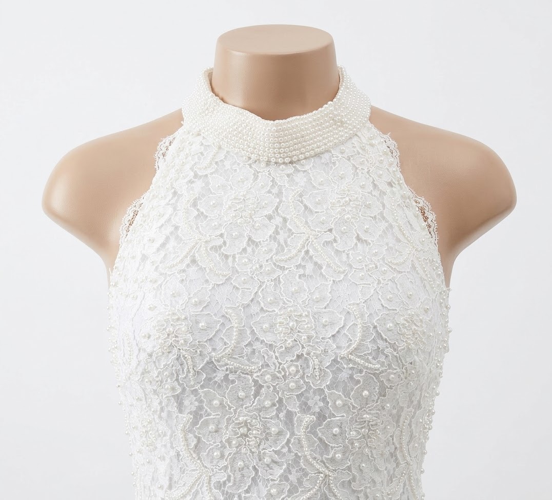White lace garment with intricate detailing and pearl neckline from Home by Pari